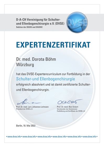 Expertenzertifikat der Deutschen Gesellschaft für Schulter und Ellbogenchirurgie